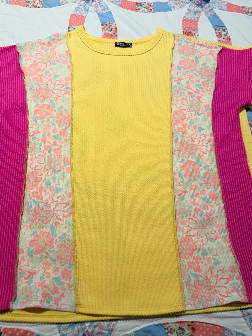 HEIMISH USA Yellow Center Floral Panel Sweater with Pink Sleeves